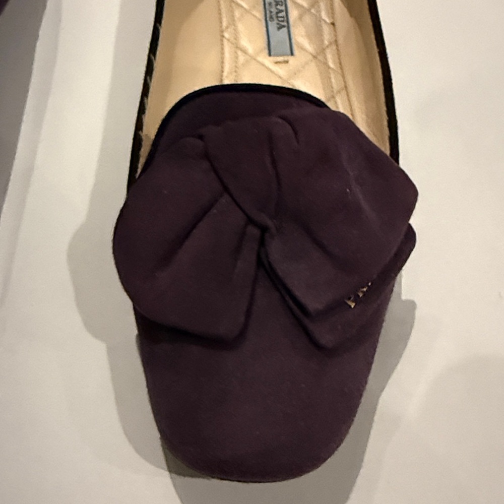 Prada Women's Deep Purple Suede Flats with Bow with Gold Prada accents - Picture 3 of 13